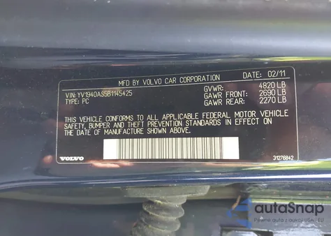 2011 Volvo S80 3.2 from USA, damaged, VIN YV1940AS5B1145425